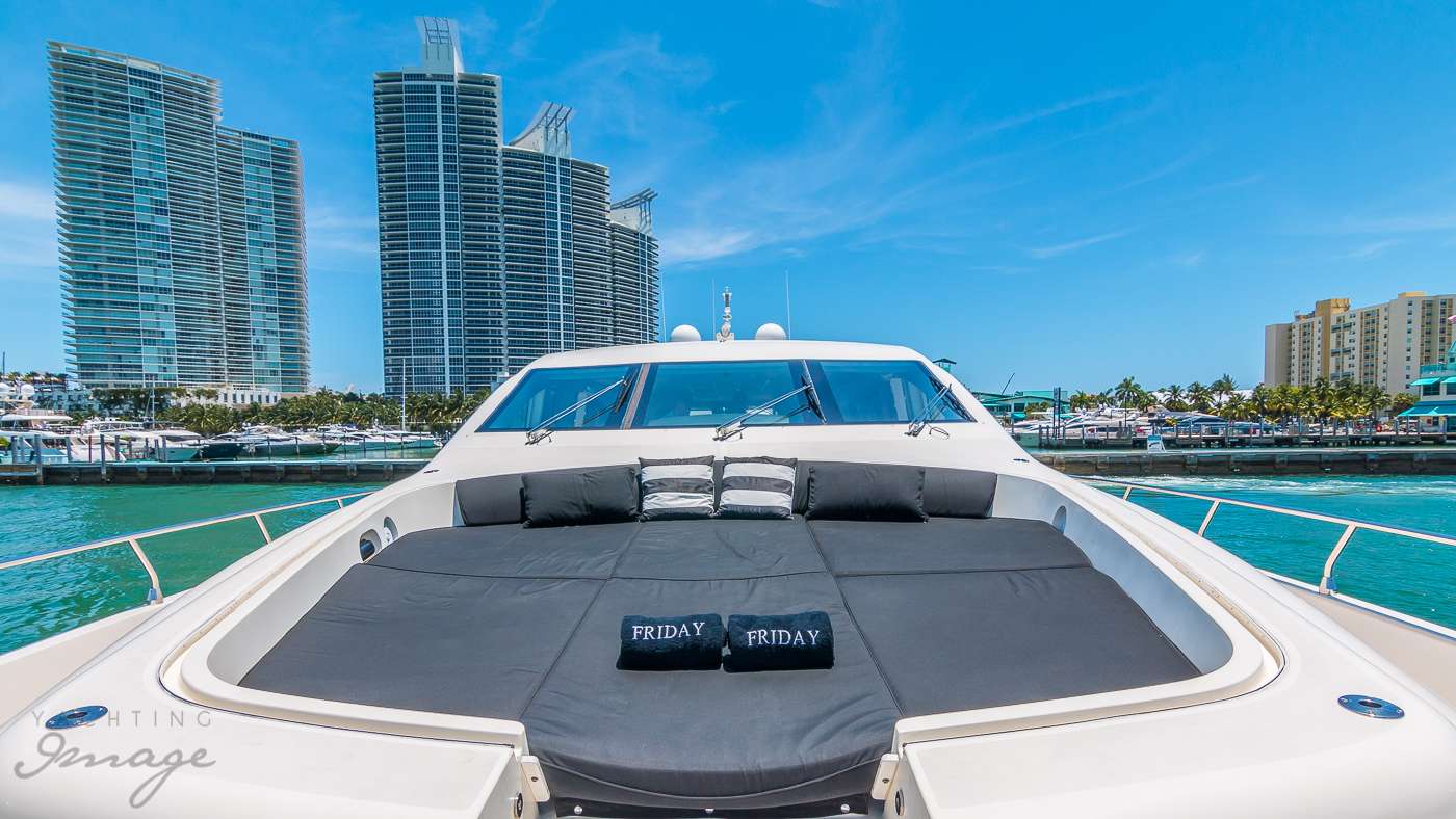 Bow sunpads with the Miami Beach skyline behind